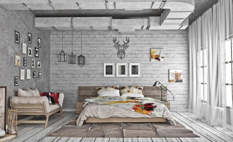 Интерьер спальни в стиле лофт с белым кирпичом
