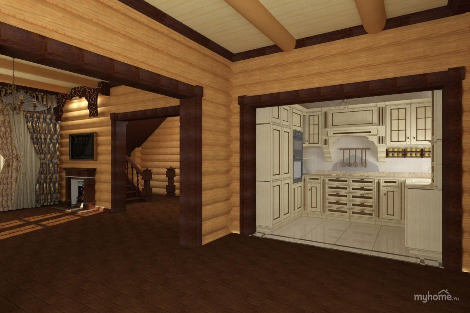 Арка в деревянном доме между кухней и гостиной