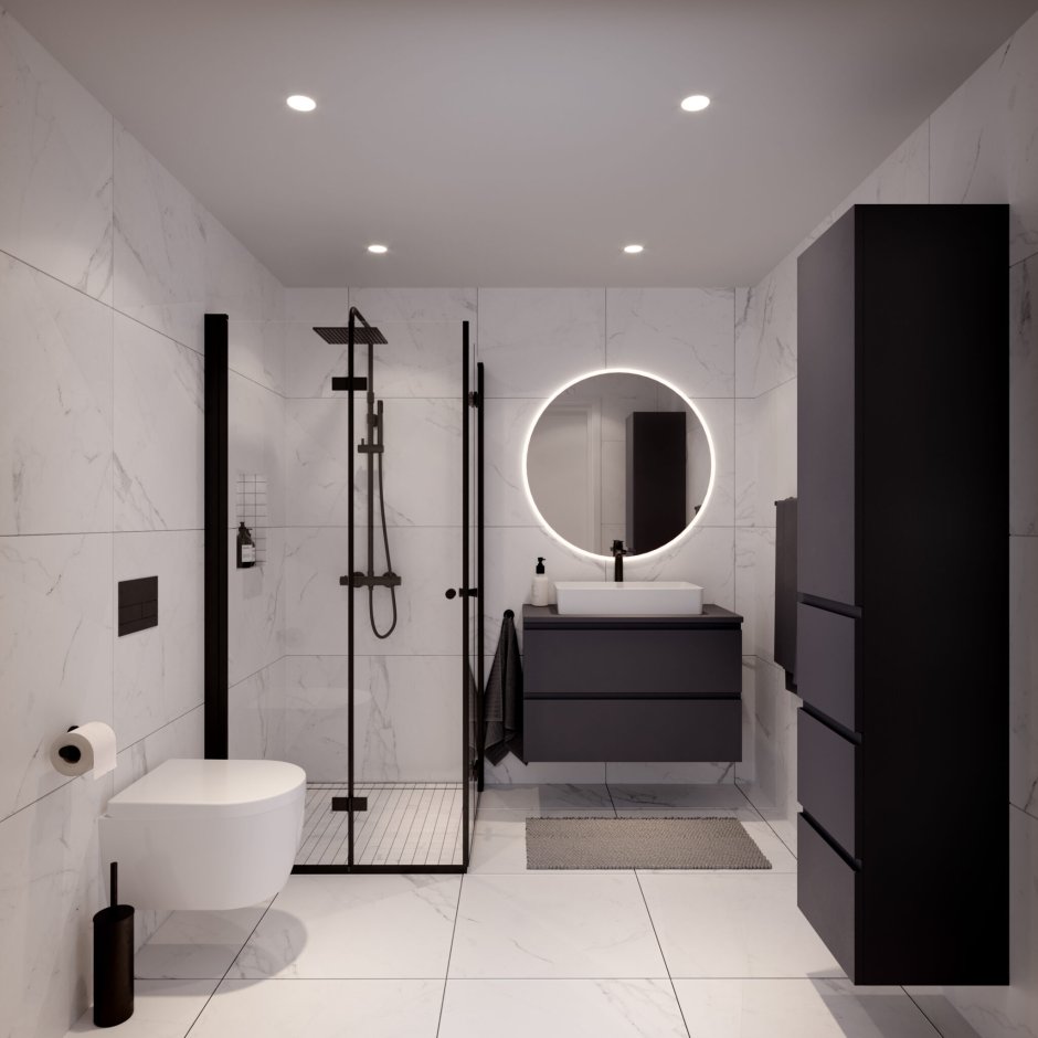Черно белая ванная комната с душевой кабиной
