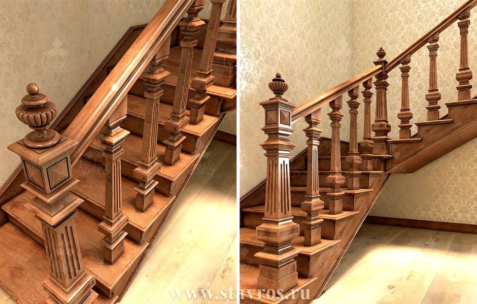 Деревянная лестница с деревянными столбами и балясинами
