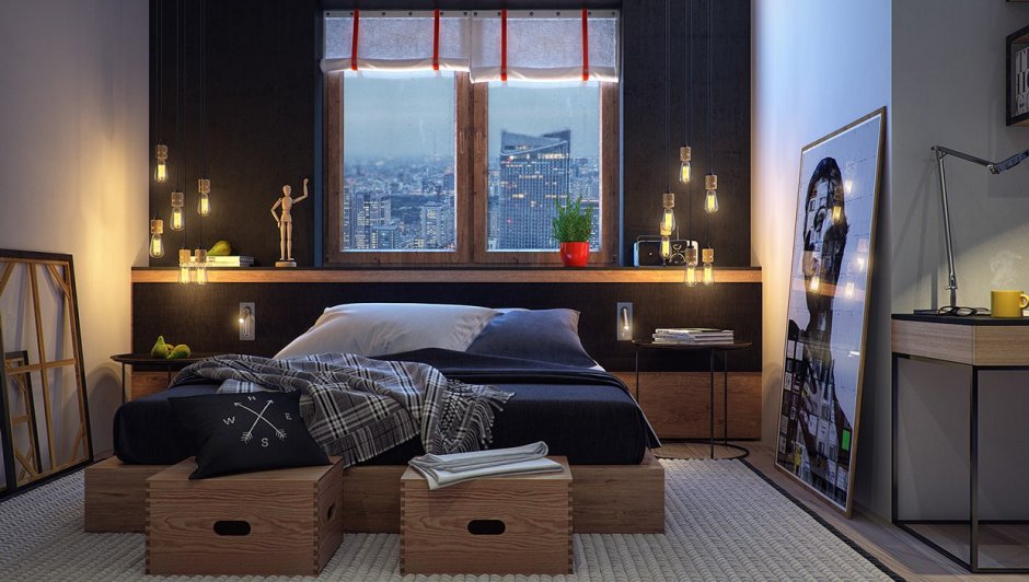 Спальня в стиле лофт с металлической кроватью