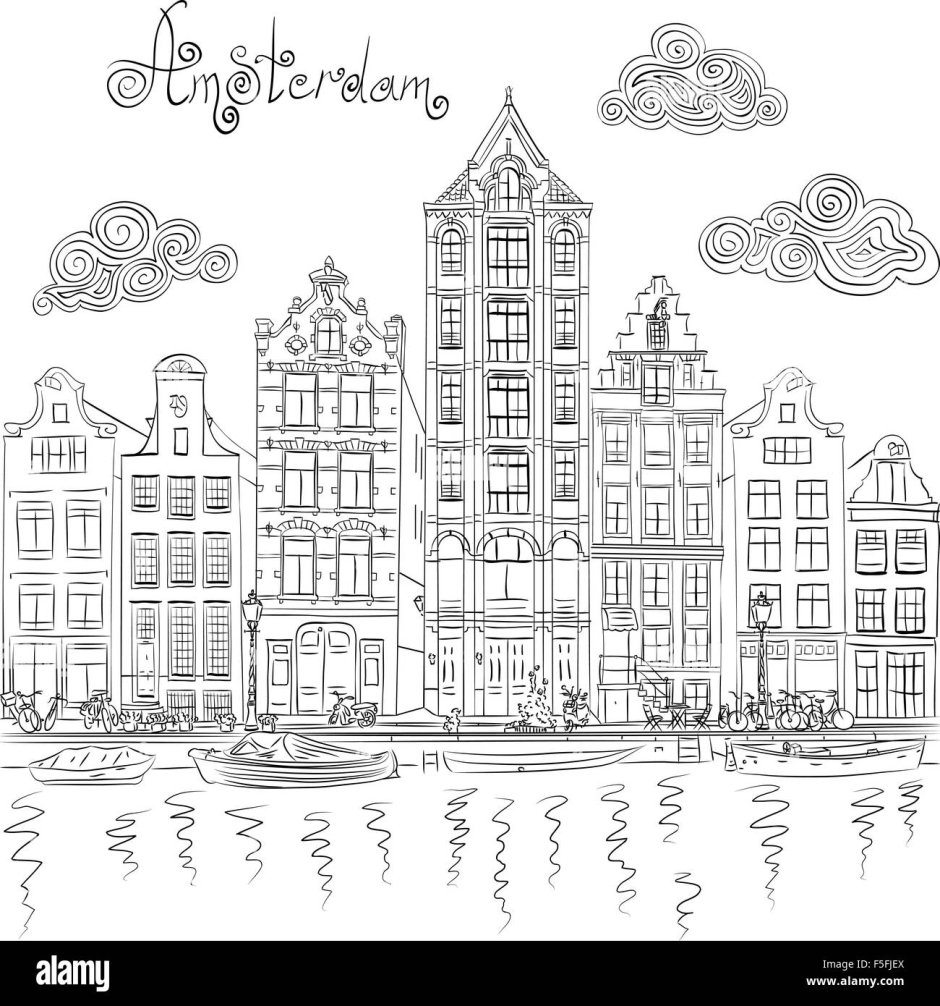 Акварель городской пейзаж Амстердам