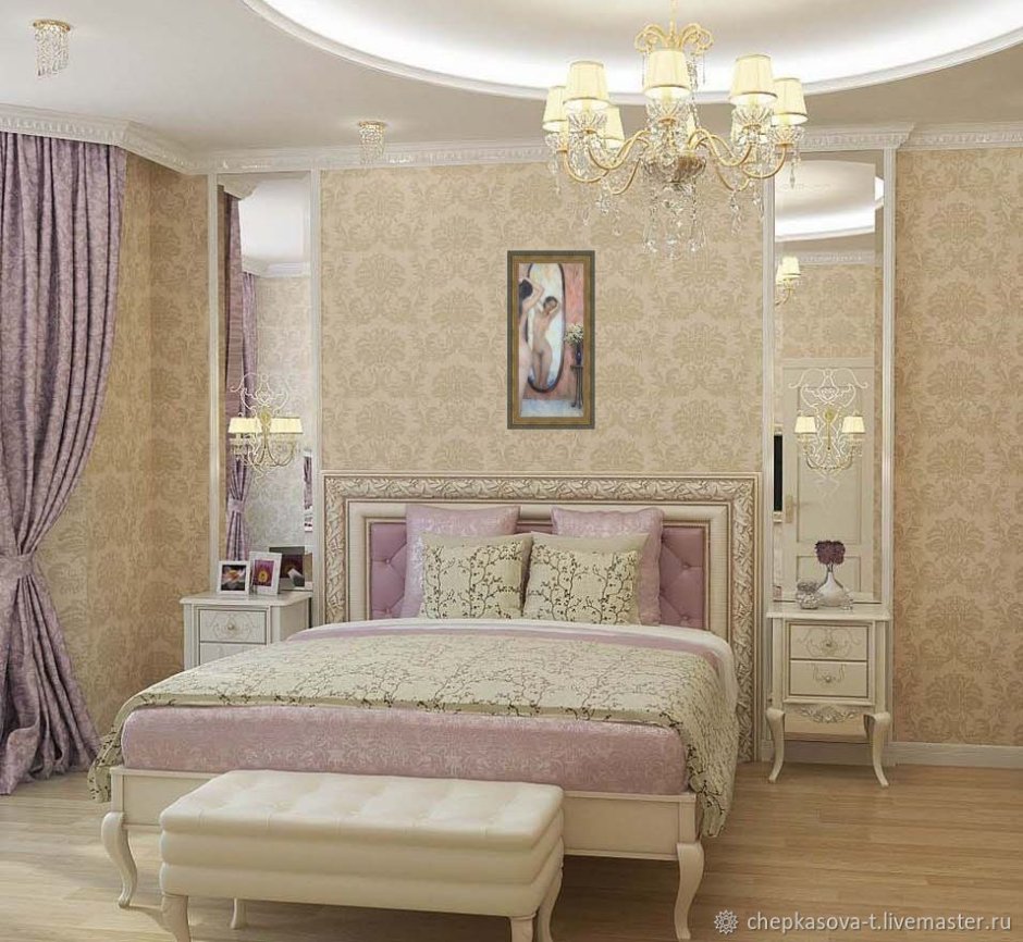 Спальня в цвете пудры в классическом стиле