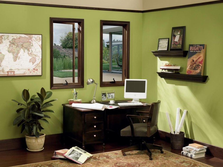 Зеленый цвет стен в кабинете