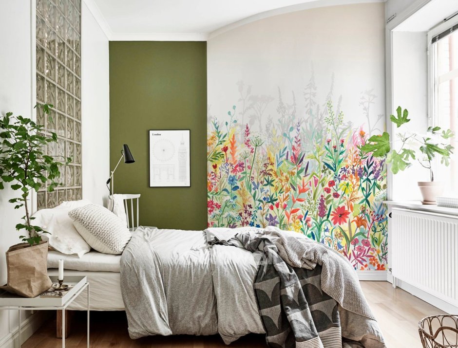Зеленая стена в спальне Скандинавский стиль