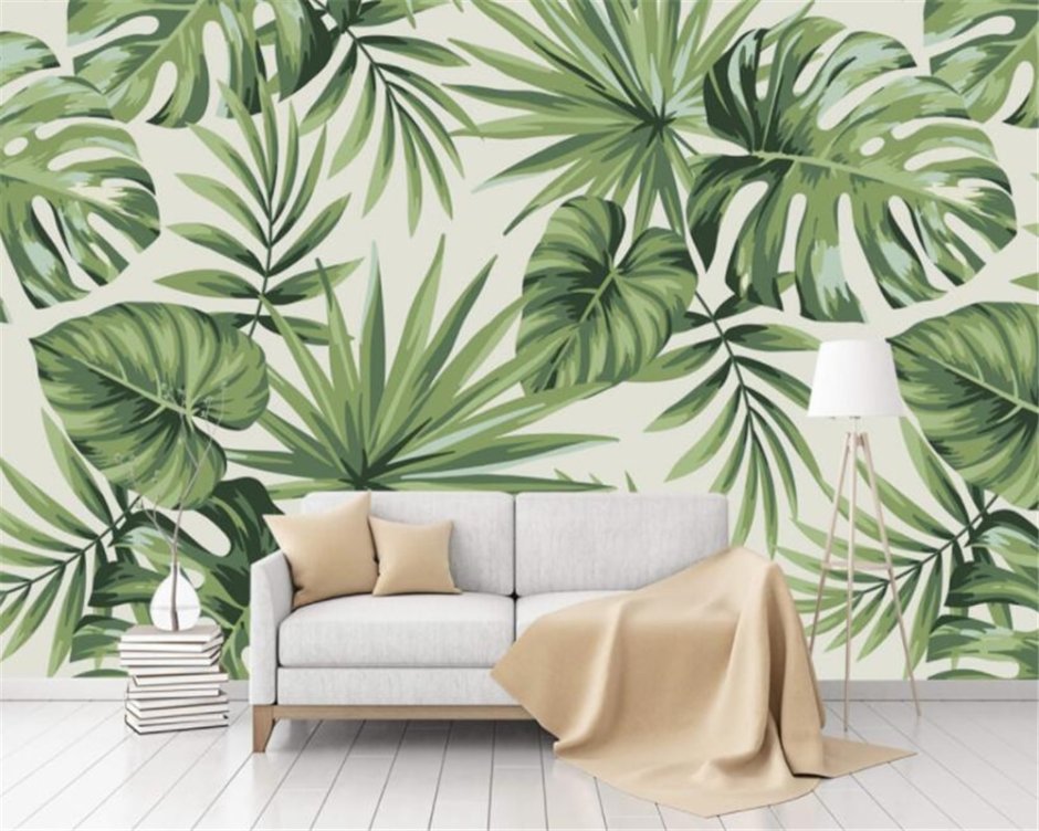 Обои с пальмовыми листьями в интерьере гостиной