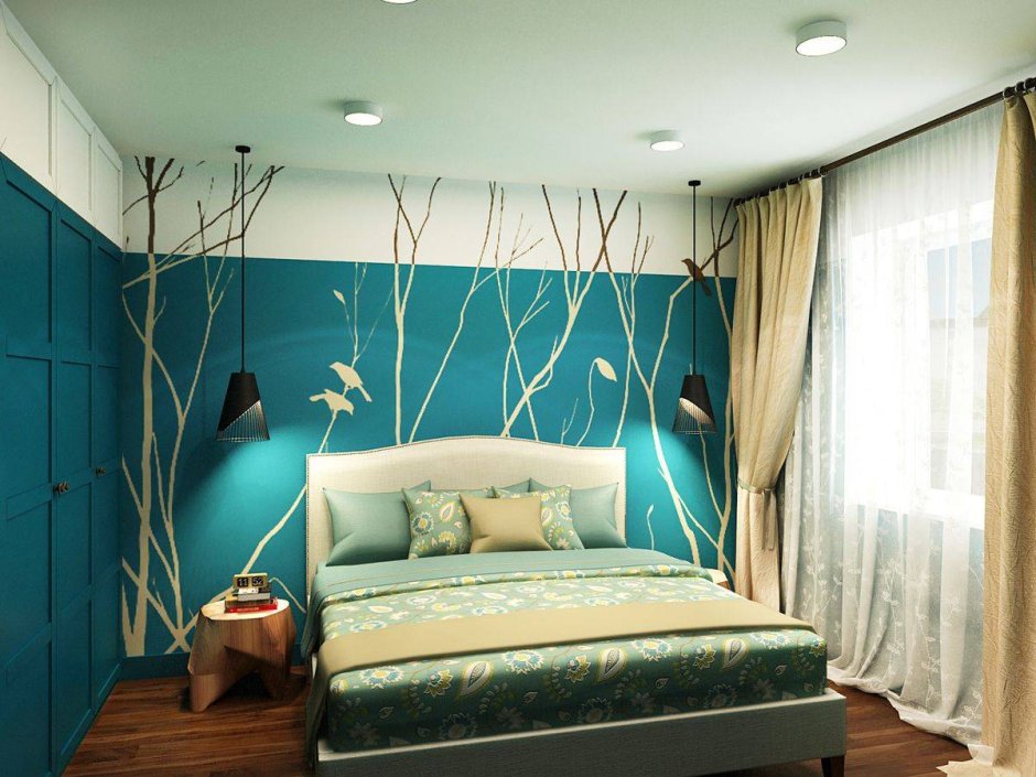 Спальня в скандинавском стиле в синих тонах
