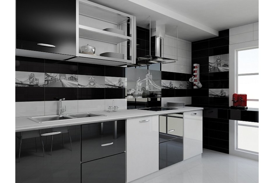 Черно белый кухонный гарнитур в интерьере