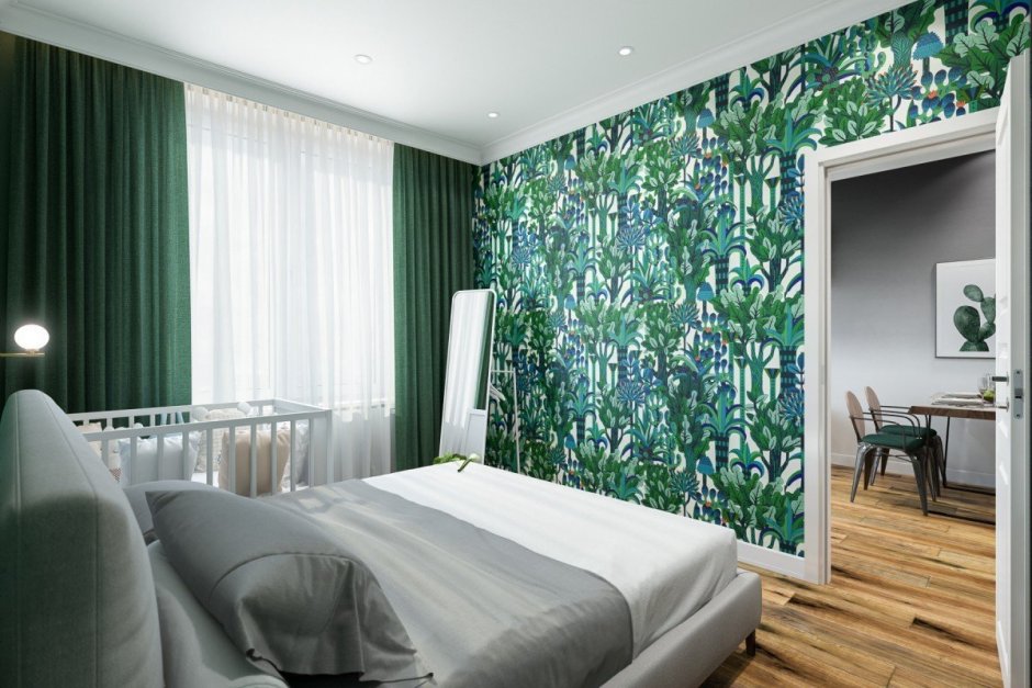 Интерьер комнаты с зелеными обоями