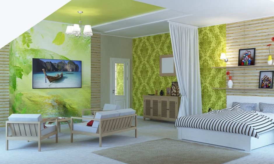 Спальня с зелеными обоими