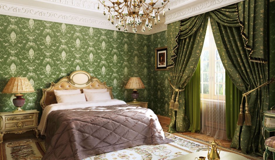 Спальня в классическом стиле в зеленых тонах