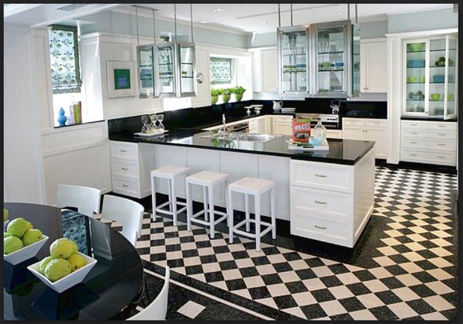 Плитка на кухню на пол под бело черную кухню