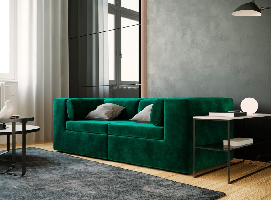 Зеленый велюровый диван в интерьере