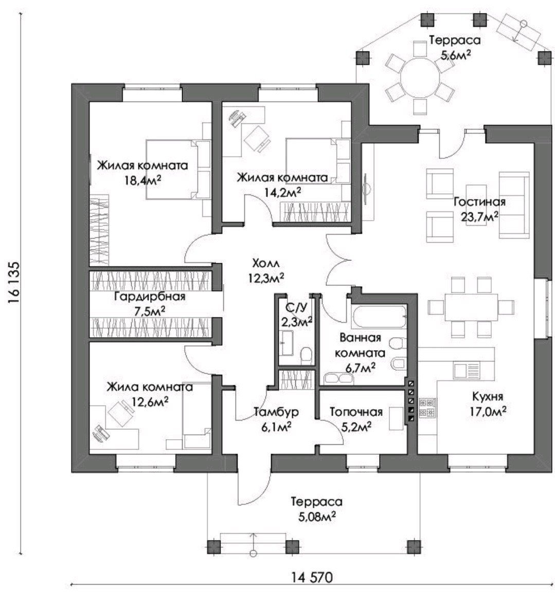 План одноэтажного дома кухня гостинная