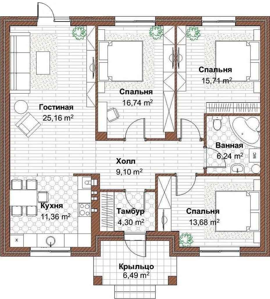 Проекты одноэтажных домов 10 на10 с тремя спальнями до 110 кв м