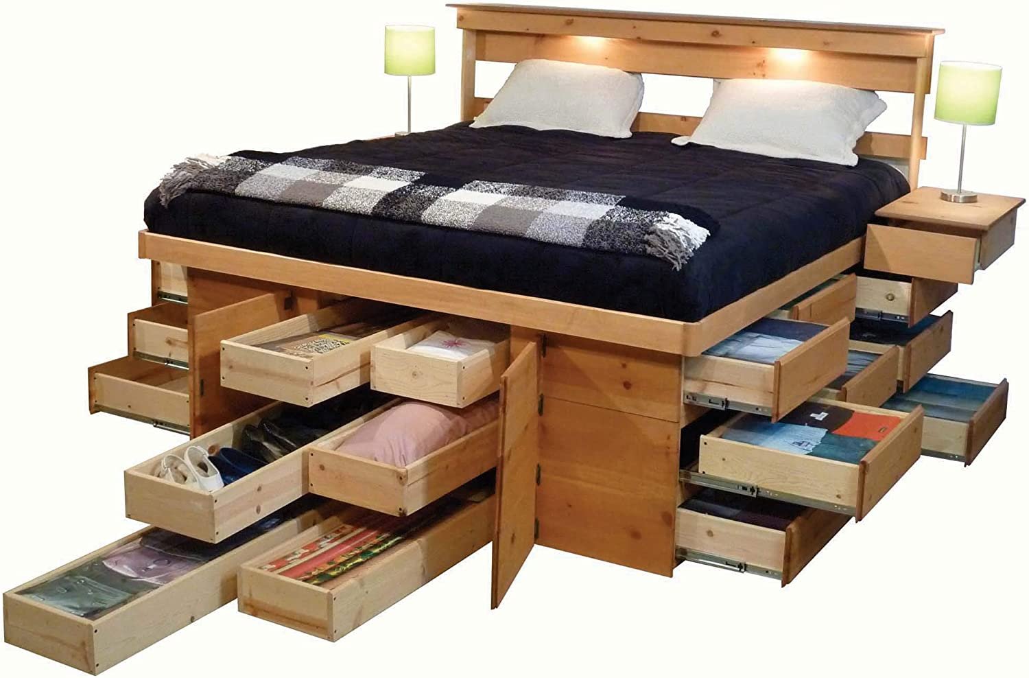 Высокая двуспальная кровать с ящиками для хранения