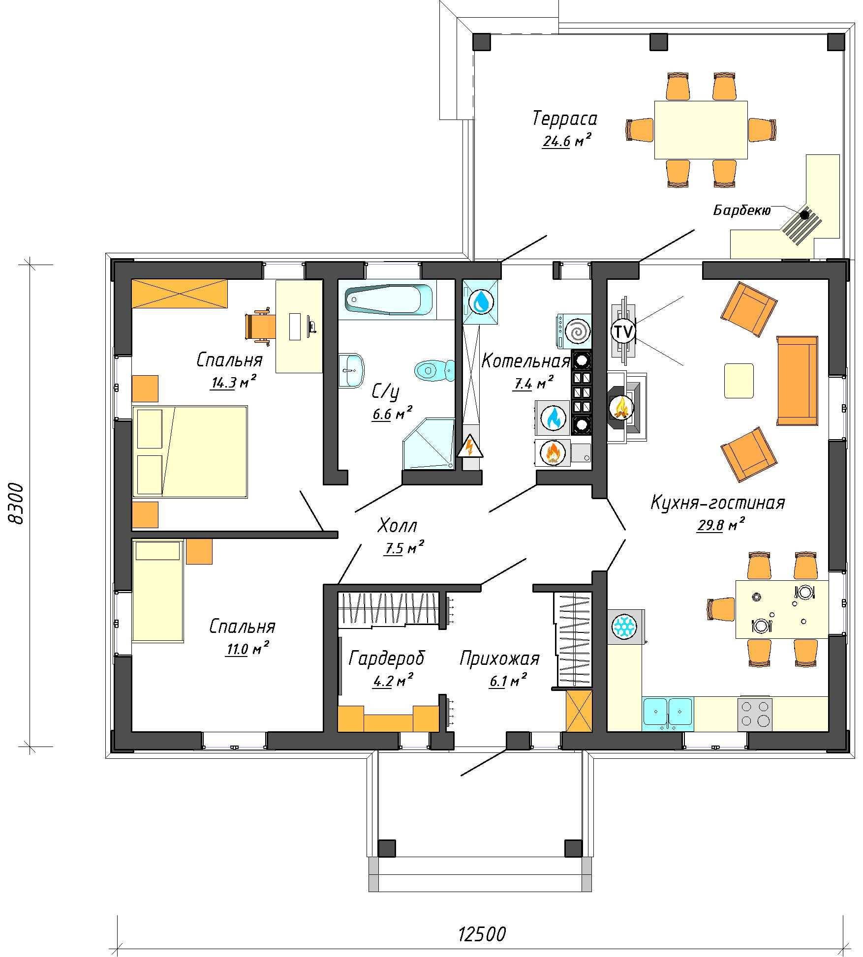 планировка одноэтажного дома с 2 комнатами