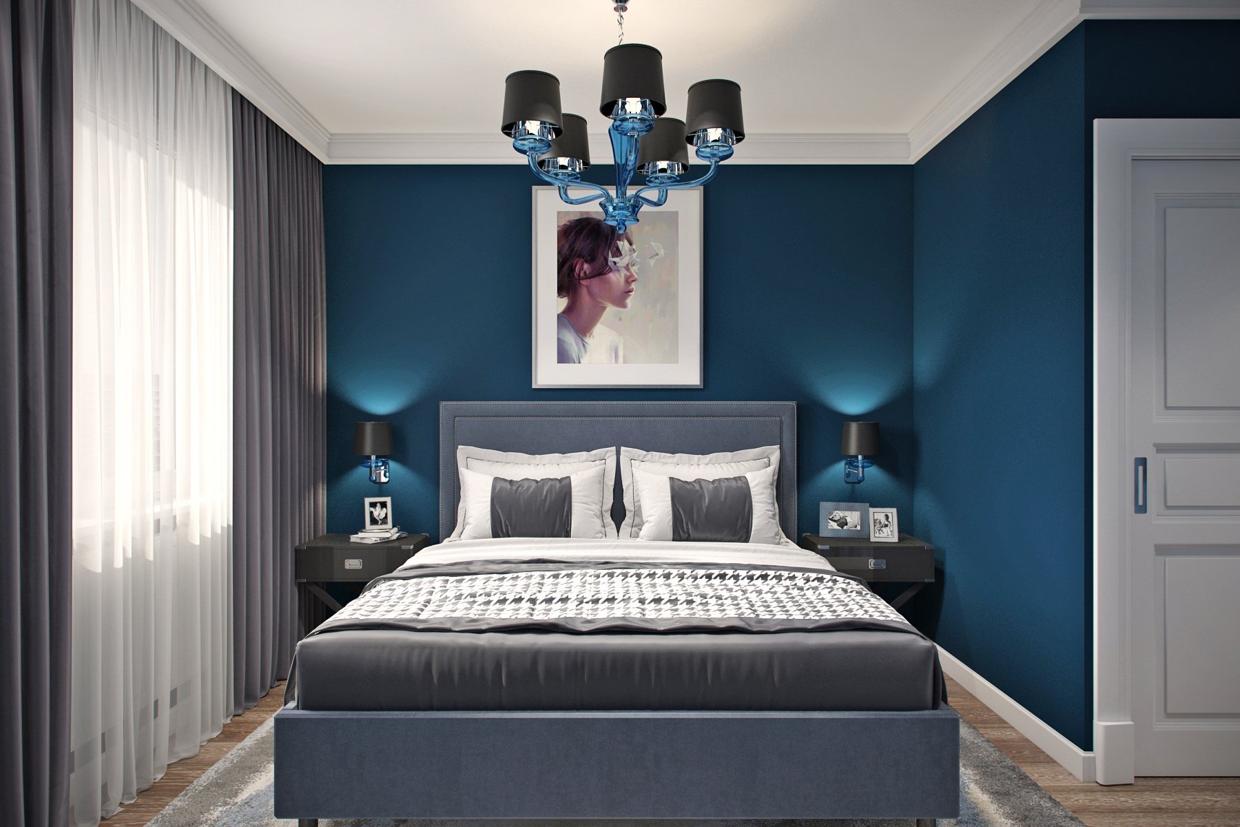 Синие обои в интерьере спальни: 77 фото