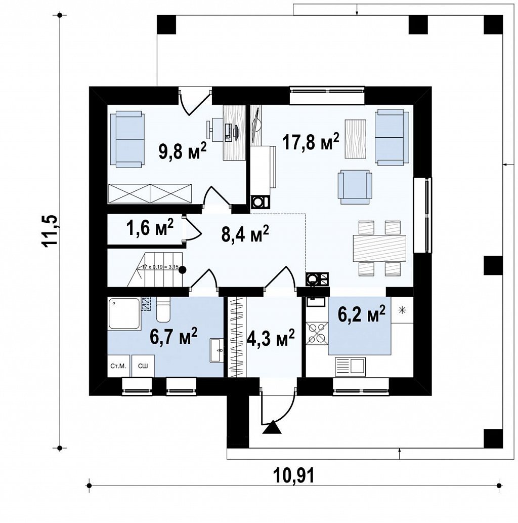 Компактный одноэтажный дом с тремя спальнями
