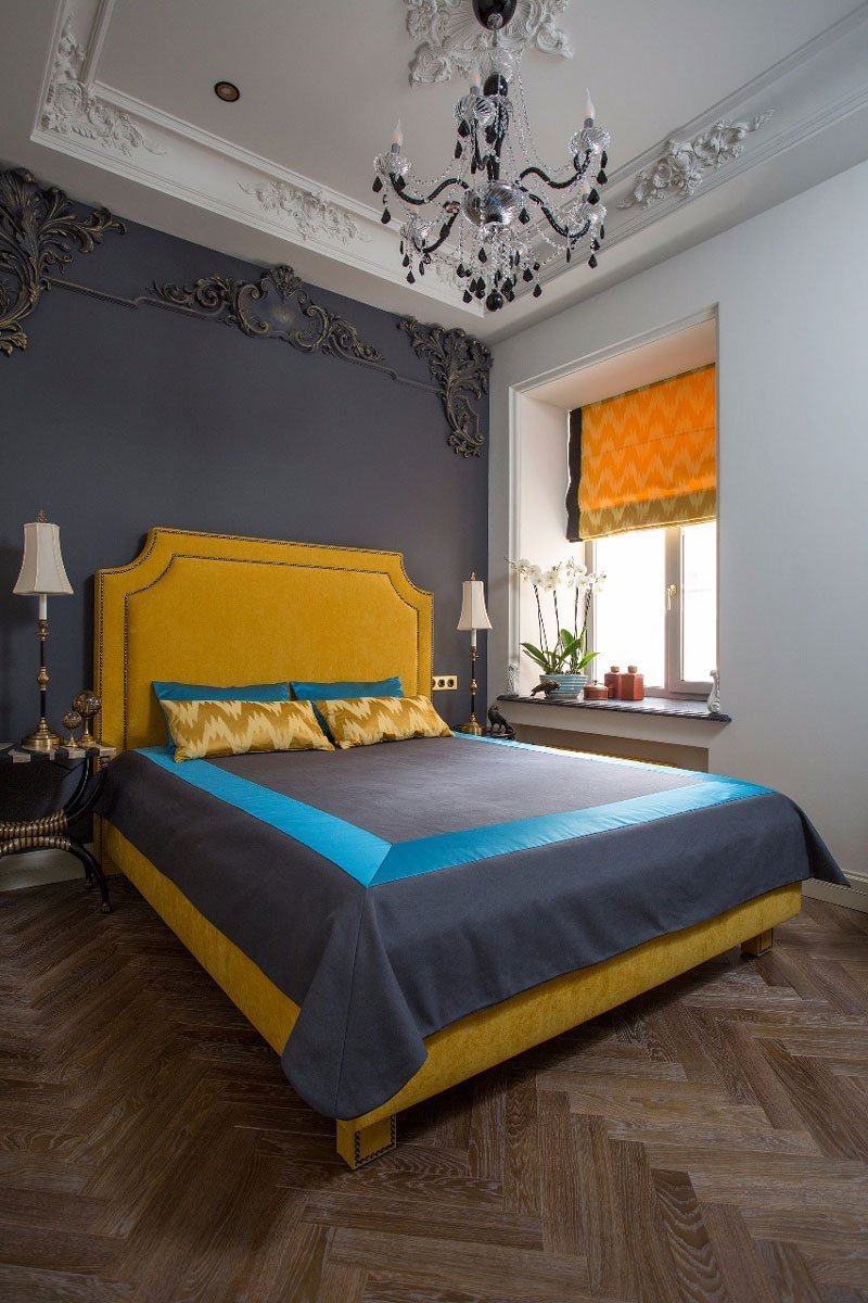 Сине желтая спальня