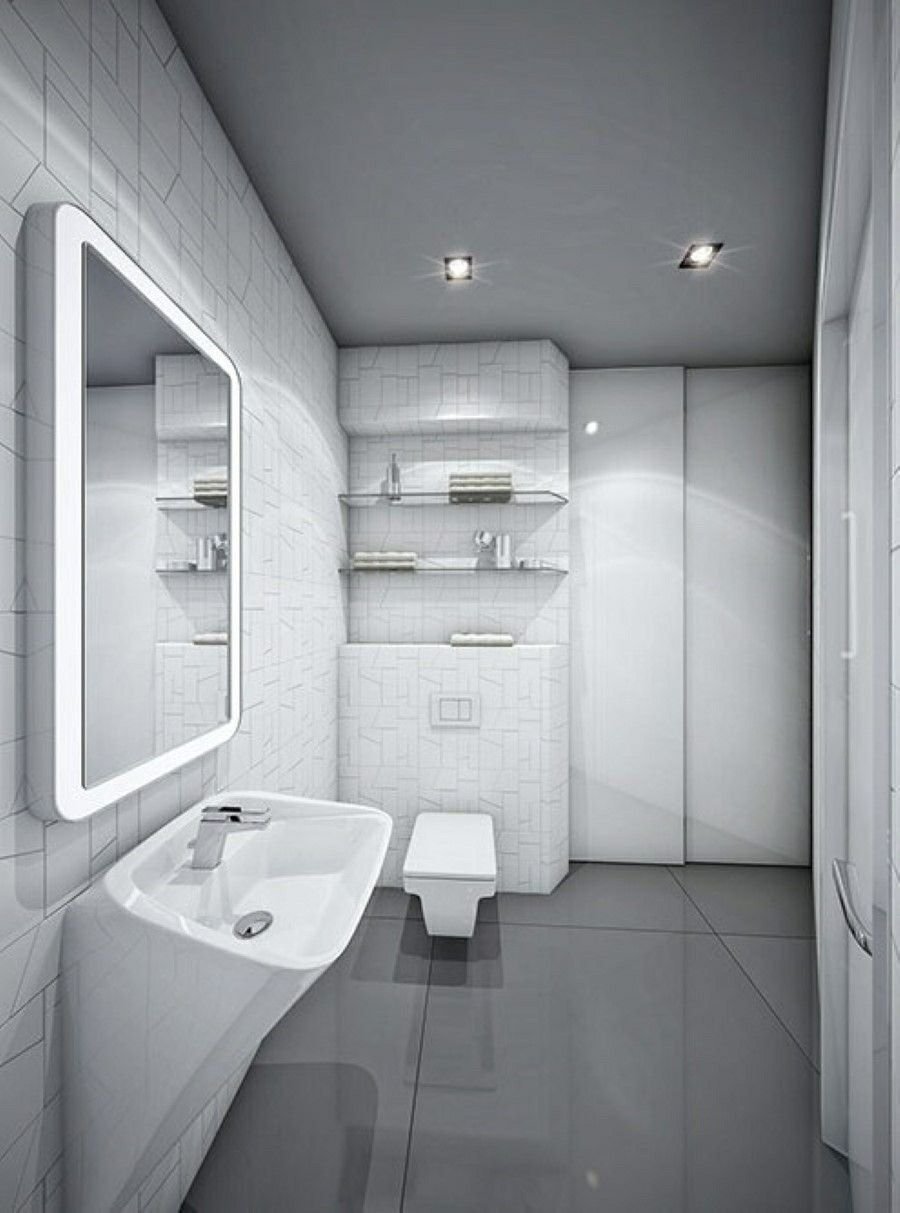 Интерьер маленькой ванной комнаты в серых тонах