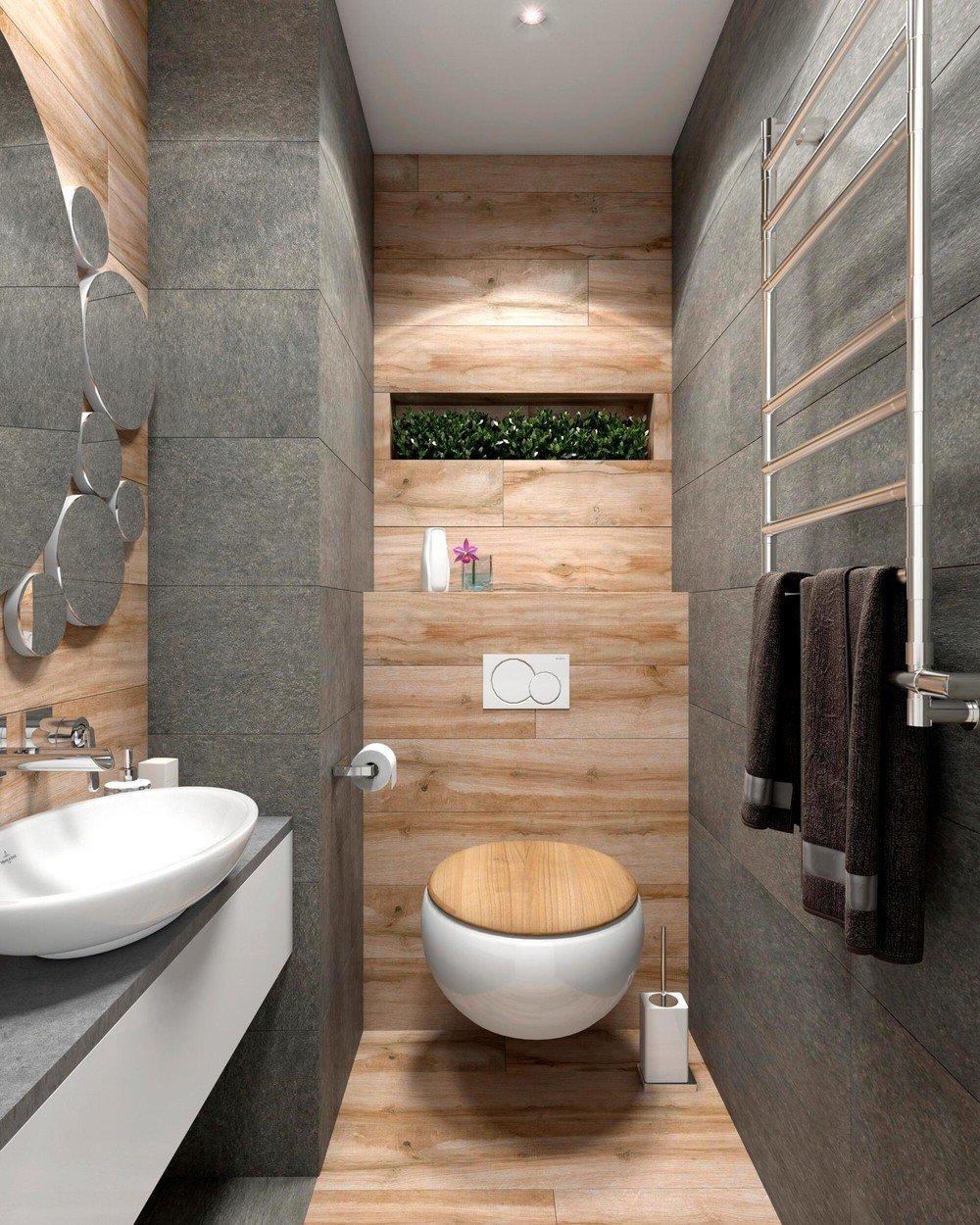 бетон и дерево в интерьере ванной комнаты