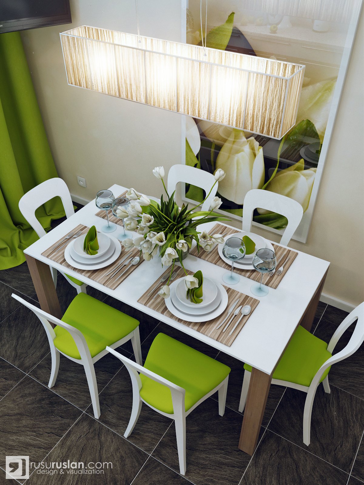 Зелёный стол на кухне