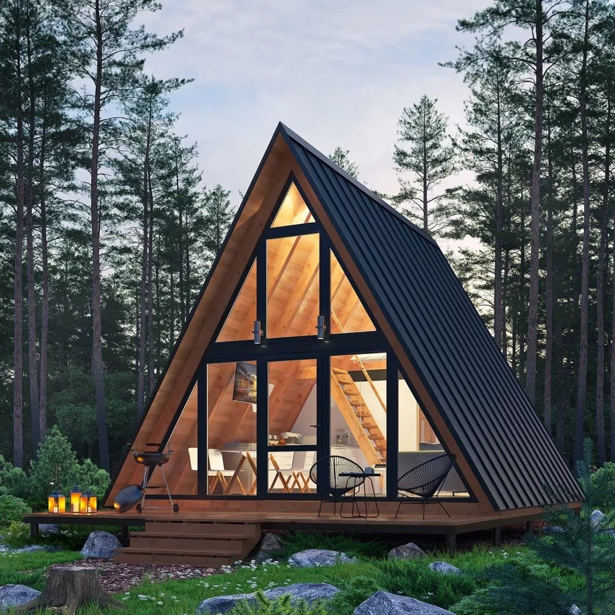 деревянный дом с панорамными окнами фото