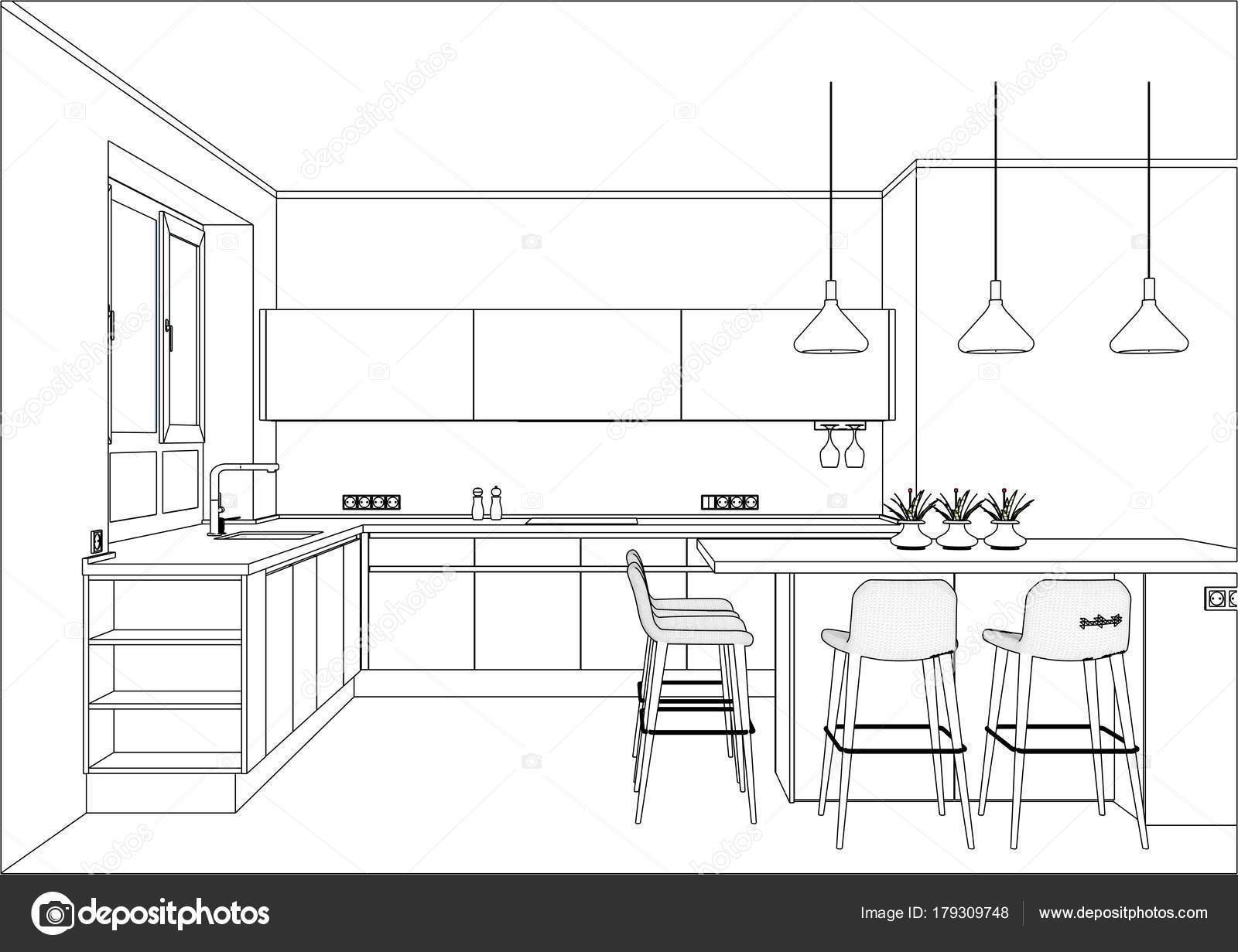 рисунок интерьера кухни карандашом