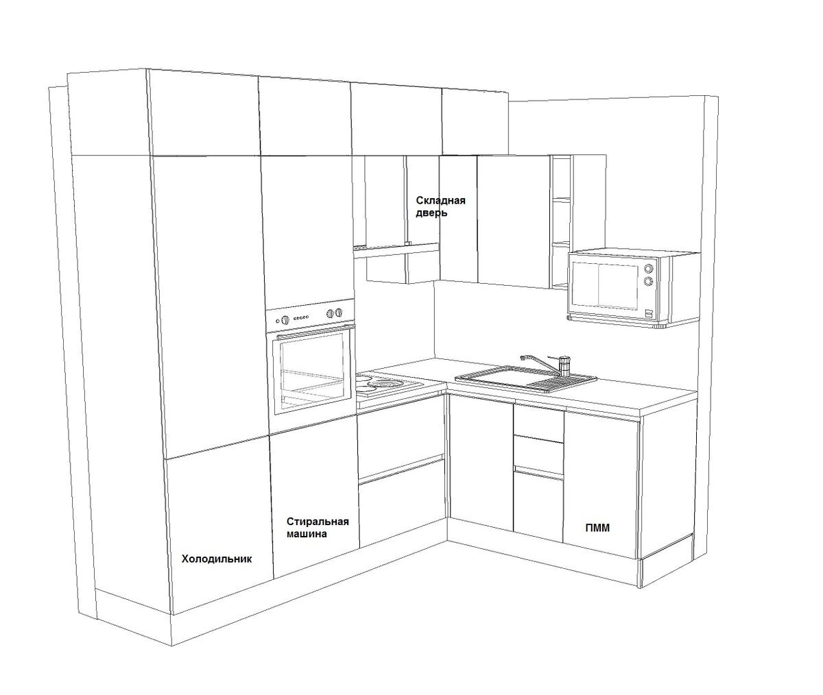 Кухня 3300 мм по прямой и холодильник по другой стене сбоку чертеж