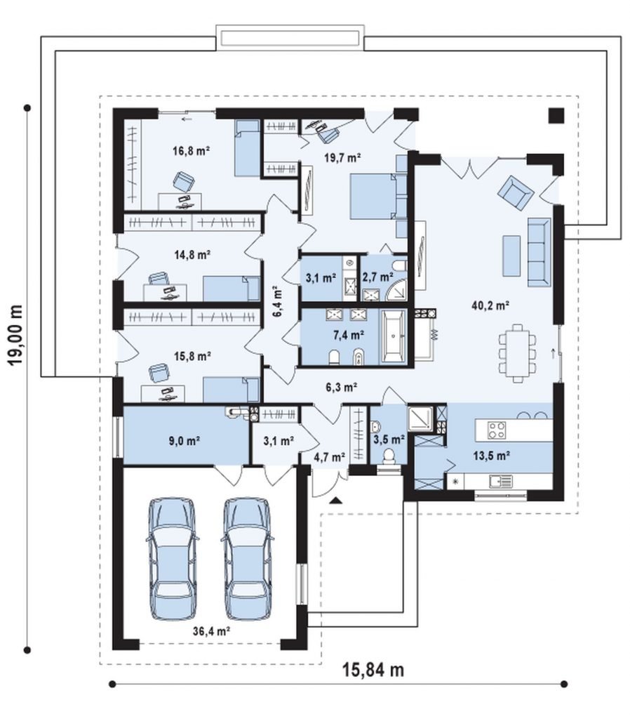 План одноэтажного дома с 4 спальнями и гаражом