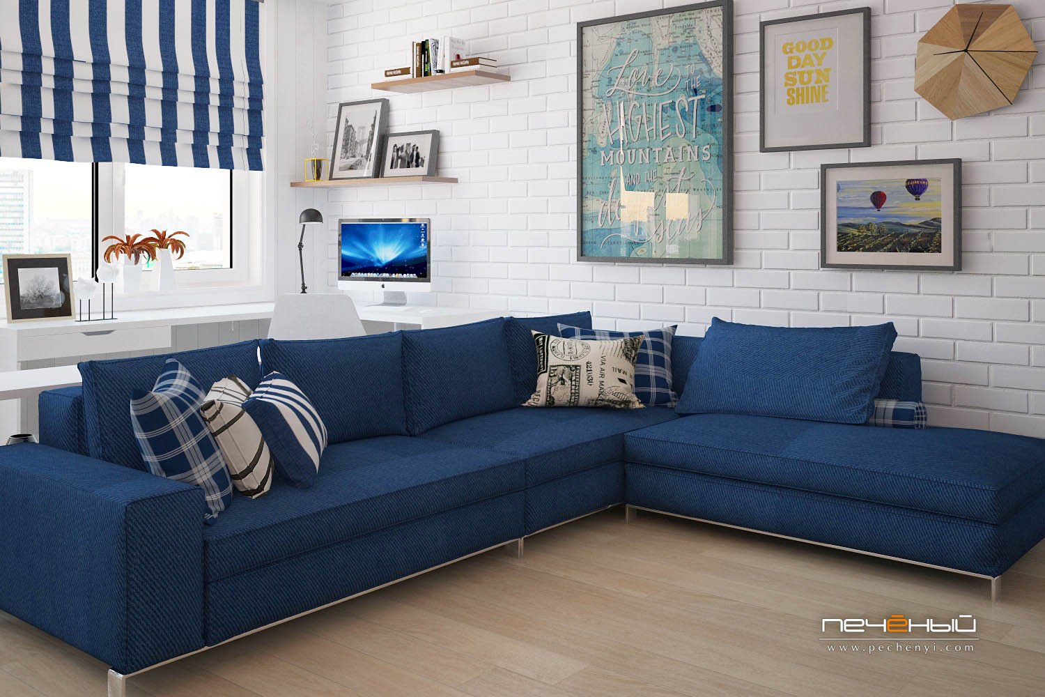 Гостиная в голубых тонах с угловым диваном