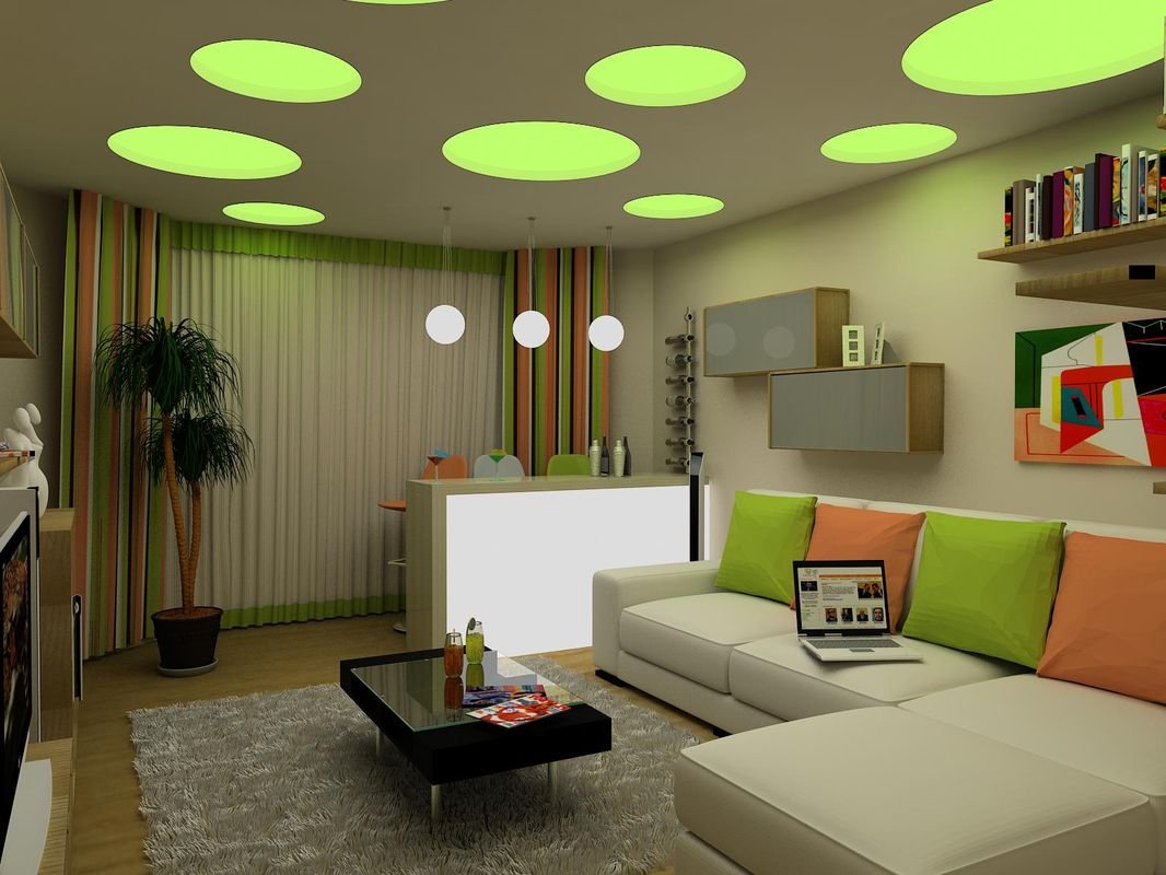 Сочетание цветов потолка. Гостиная с зелеными стенами. Интерьер гостиной в зеленых тонах. Салатовый потолок. Яркий потолок.