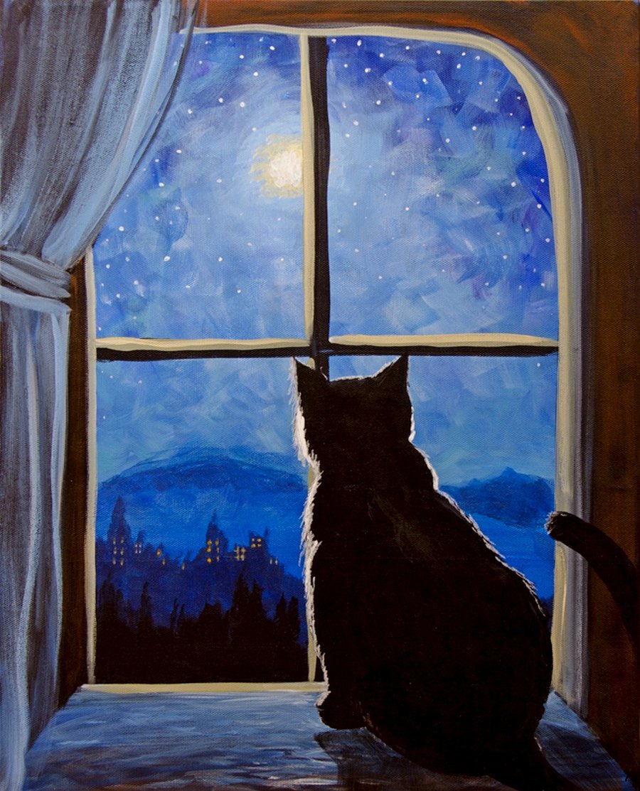 Зимнее окно рисунок. Кот на окне. Кошки на окошке. Кошка на окне гуашью. Ночь кошка на окошке.
