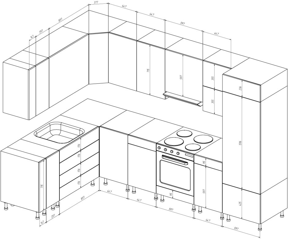 Кухонная мебель вид сбоку чертеж
