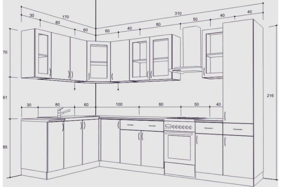 Угловой кухонный гарнитур чертеж