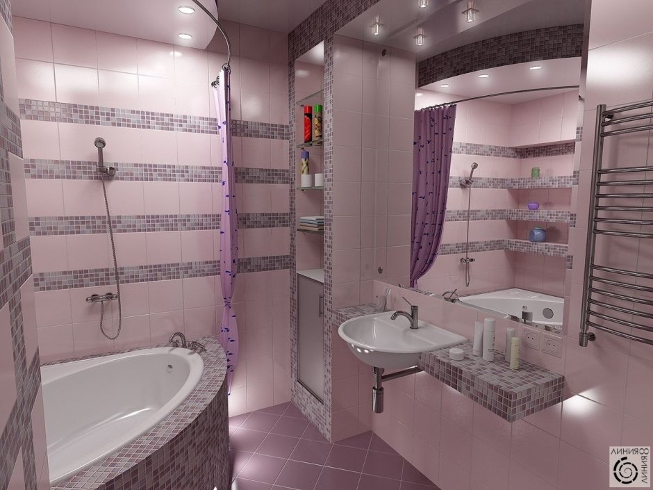 Ванная комната с угловой ванной сиреневая