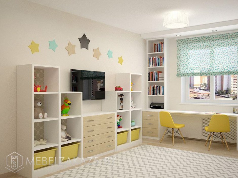 Детская комната со стеллажами