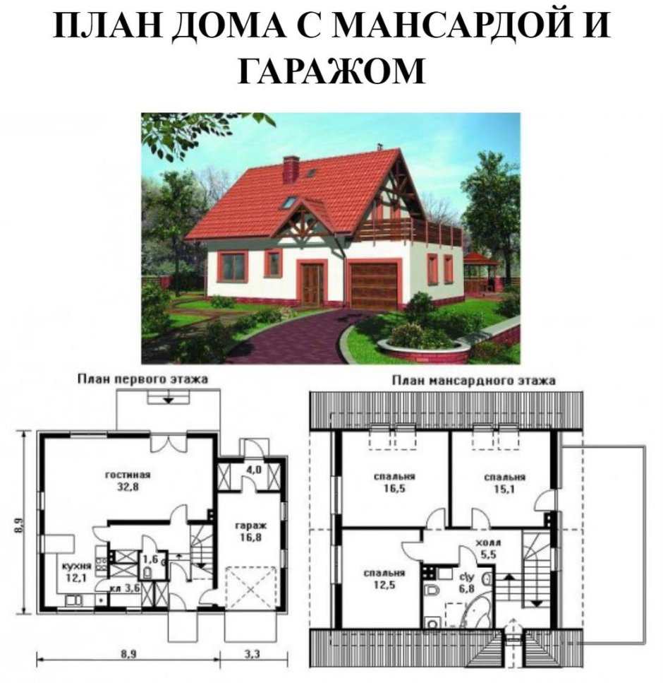 Дом с мансардой и гаражом 100 кв