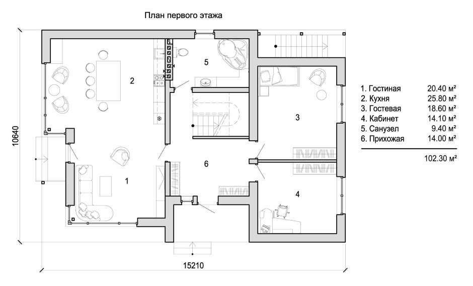 План 1 этажа с кухней гостиной
