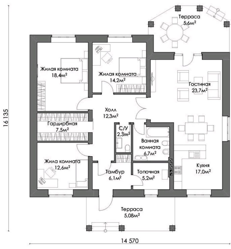 План одноэтажного дома с 3 спальнями и котельной и гардеробной