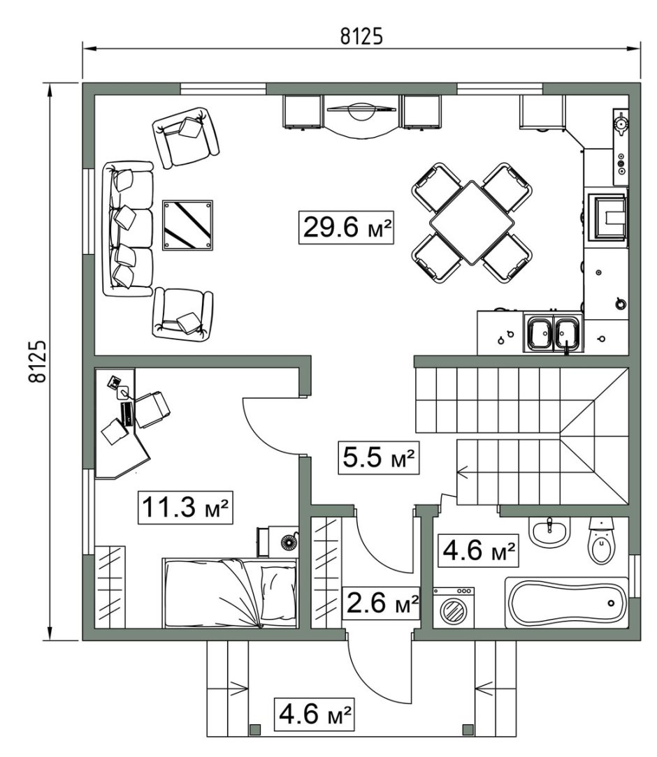 План двухэтажного дома с кухней гостиной