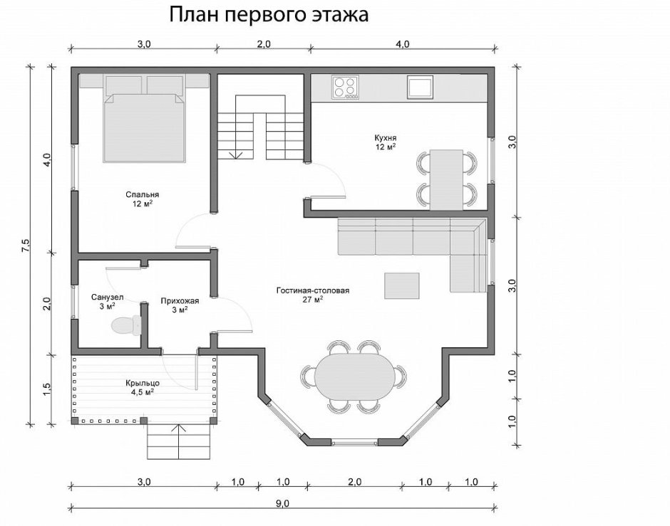 Планы первого этажа с гостиной и кухней