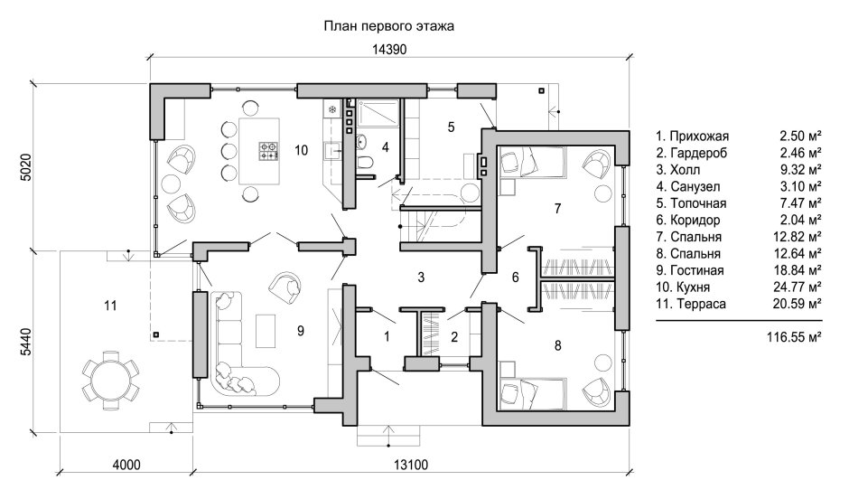 Проект одноэтажного дома 5 спален 2 санузла