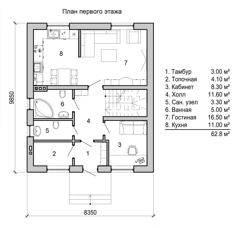 План двухэтажного дома 8 на 8 с кухней гостиной