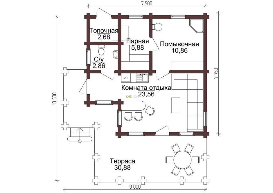 Проект бани с санузлом и комнатой отдыха