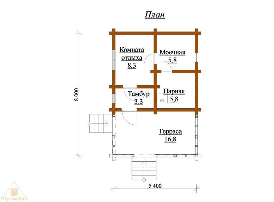 Проект бани с комнатой отдыха и террасой