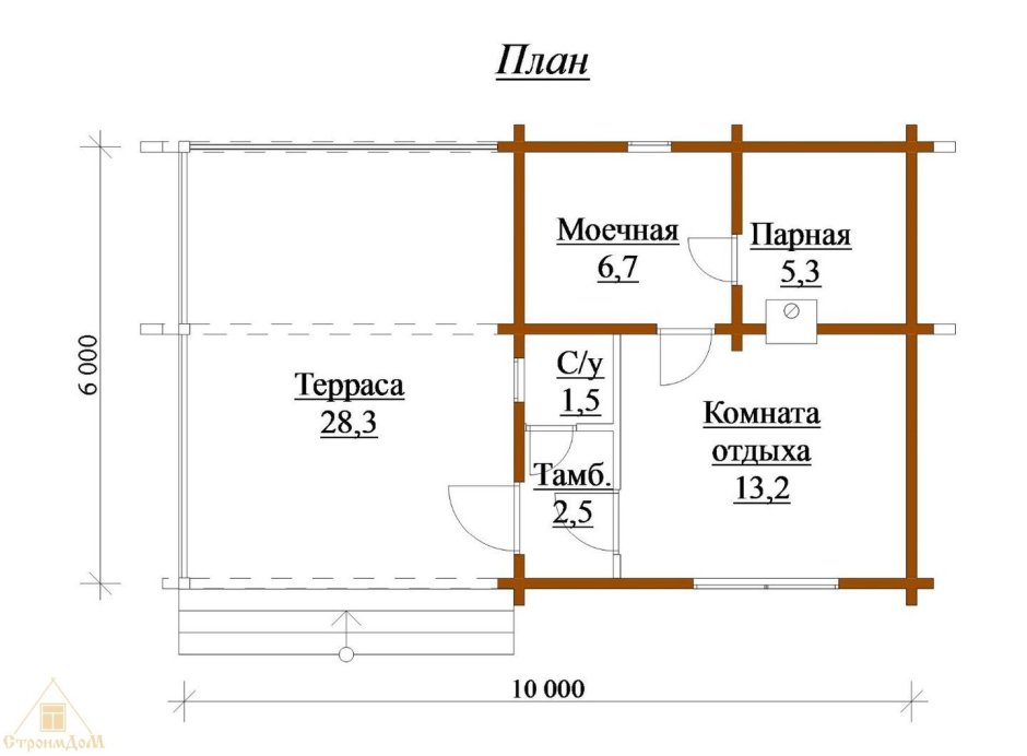 Проект бани с комнатой отдыха и террасой
