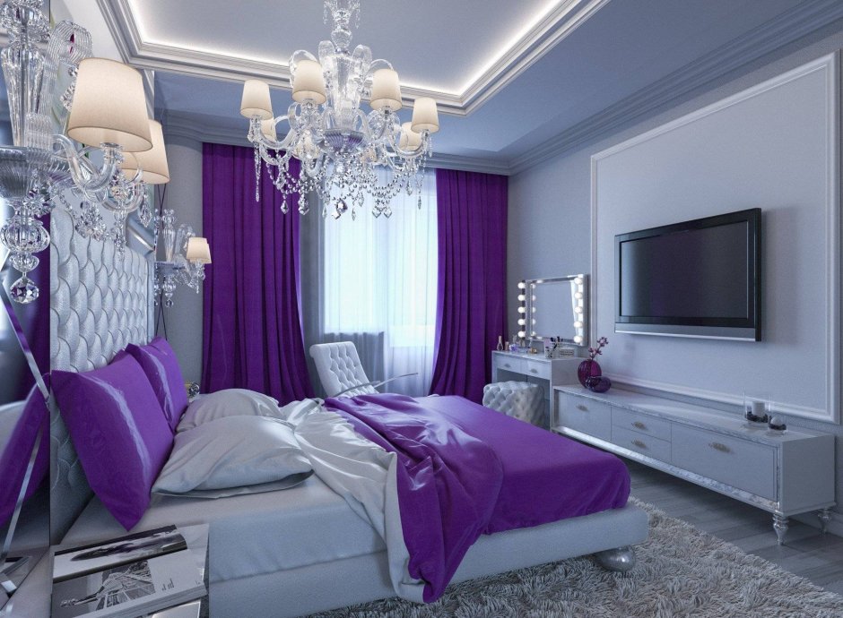 Спальня в бело фиолетовых тонах
