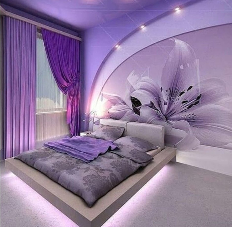 Серо лиловые обои в спальне